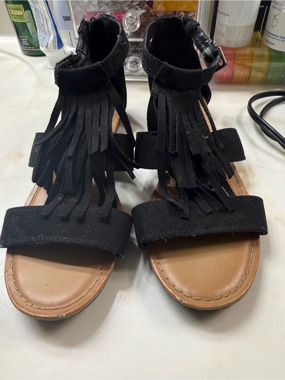 Women's Black Fringe Ankle-Strap Sandals